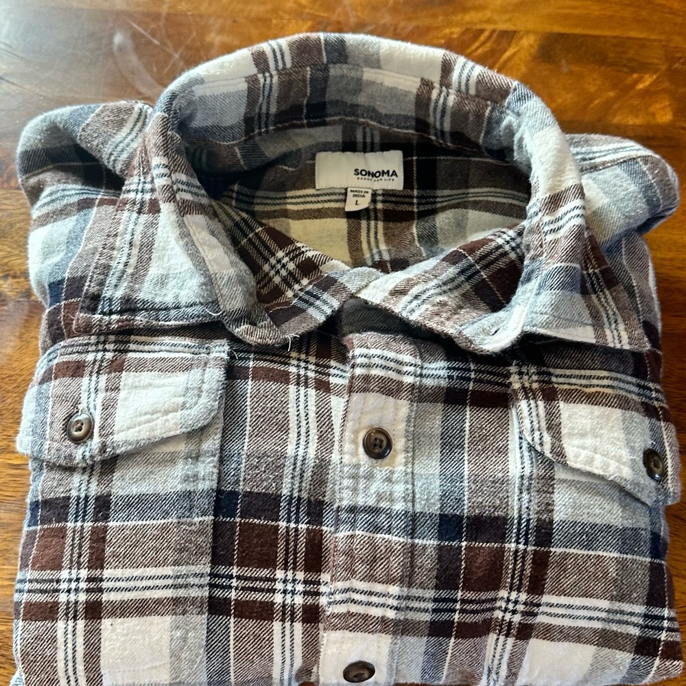 Sonoma Men's Casual Plaid Shirt - Brown and White